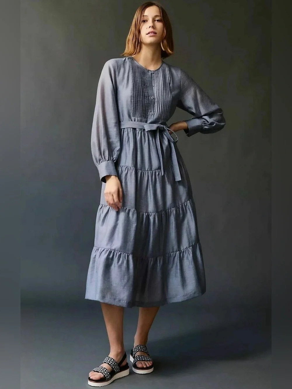 Anthropologie Slate Blue Tiered Midi/Maxi Dress with Pintuck Bodice size M - Picture 1 of 8